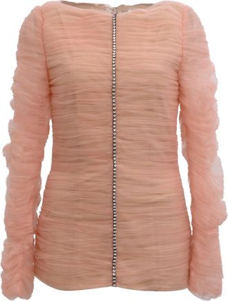 Khaite Vienna Crystal-Embellished Pleated-Tulle Top in Pink Polyamide
