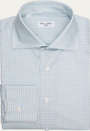 Cesare Attolini Mens Cotton Micro-Check Spread Collar Dress Shirt