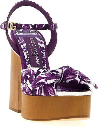 Dolce & Gabbana Womens Maiolica Print Cotton Platform Sandal Purple Viscose Linen Heels