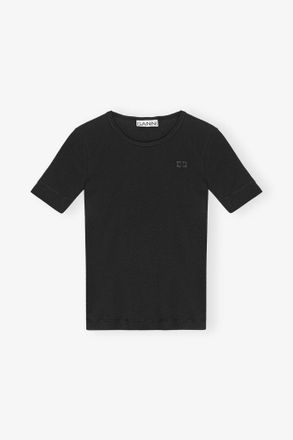 Ganni Black Soft Cotton Rib T-Shirt - Size XXS Organic