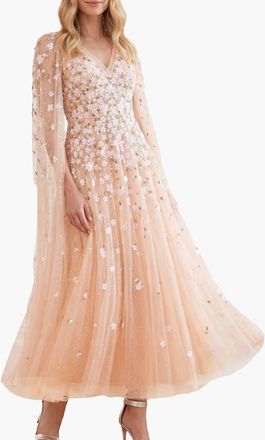 Needle & Thread Camellia Ditsy Cape Sleeve Ankle Gown in Apricot Blush/multi at Nordstrom, Size 14