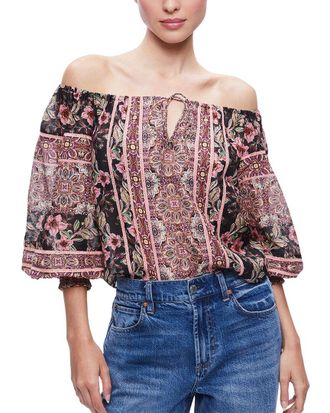 Alice & Olivia Alice + Olivia Alta Off-The-Shoulder Silk-Blend Top