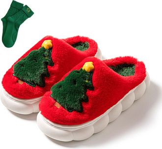 Generic Christmas Tree Plush Slippers Women Men, Winter House Slides, Cozy Fuzzy Fluffy Soft Warm Shoes With Socks (Red, M, Adult, Women, 9, Numeric Range, UK
