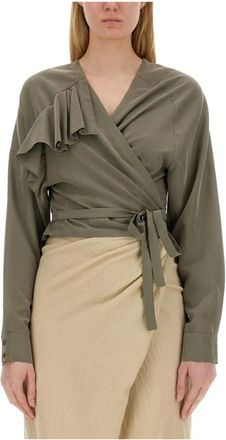 Alysi Blouse met Ruches en Overslag en Lange Mouwen - Dames - Blouses - Groen - S - Leer - Overhemden