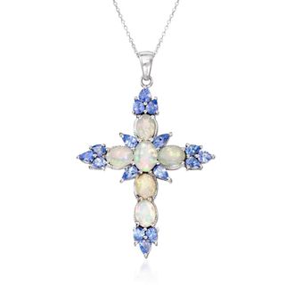 Ross-Simons Ethiopian Opal and Tanzanite Cross Pendant Necklace in Sterling Silver