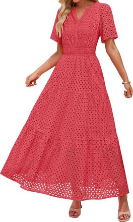 Generic Dresses For Women Uk Plus Size WomenS Gown WomenS 2025 Summer Short Sleeve Maxi Dress Casual V Neck Hollow Out Eyelet Ruffle Swing A Line Long Dress F