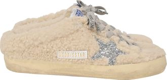 Golden Goose Superstar Sabot Distressed Glittered Shearling Slip-On Sneakers in White Wool