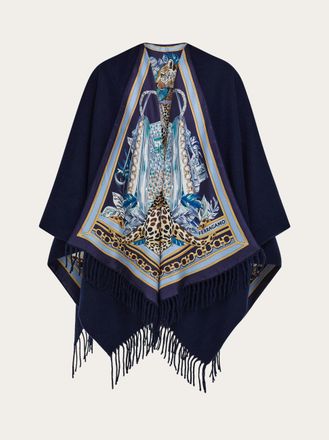 Ferragamo Women Feline print cashmere and silk reversible cape Blue