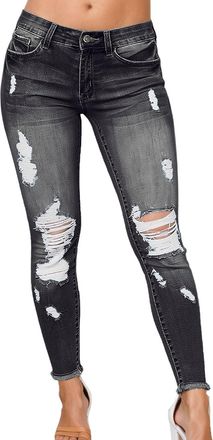 Generic Women Skinny Ripped Jeans Stretch Distressed Destroyed Cuffed Denim Pants Petite/Regular/Tall