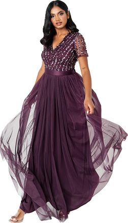 Maya Womens Maxi Dress Ladies Bridesmaid V-Neck Ball Gown Short Sleeves Long Elegant Empire Waist Wedding, Berry, 10