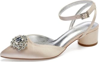 Generic Wedding Bridal Heels Women Ankle Strap Pointed Toe Slingback Chunky Low Heels Womens Pumps Wedding Dress Shoes 4.5Cm,Champagne,8 UK