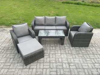 Fimous Wicker PE Rattan Garden Furniture Set Outdoor Lounge Sofa Set with Reclining Chair Coffee Table Big Footstool Dark Grey