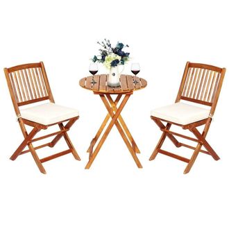 Costway Costway 3PCS Outdoor Folding Bistro Set Garden Chair & Table Set W/Cushions in White