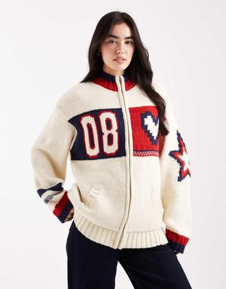 Daisy Street Cardigan oversize color crema multicolore con zip e grafica sportiva-Bianco