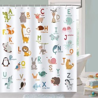 OEM Cortina De Ducha Infantil De 180 X 180 Cm, Alfabeto Abc, Animales, Tejido De Poli&eacute;ster, Resistente Al Moho, Impermeable, Lavable - Crezuo