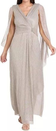 R & M Richards Metallic Chiffon Long Dress With Sheer Cape In Champagne
