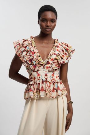 Karen Millen Womens Tile Print Silk Cotton Ruffle Detail Woven Top - Multicolour - Size 6 UK