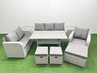 Fimous Patio PE Wicker 9 Seater Outdoor Rattan Furniture Sofa Sets w/ Rectangular Dining Table Reclining Chair Loveseat Sofa 3 Seater Sofa Stool 2