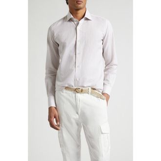 Eleventy Dandy Collar Stripe Cotton & Linen Button-Up Shirt in Sand at Nordstrom, Size Xxx-Large