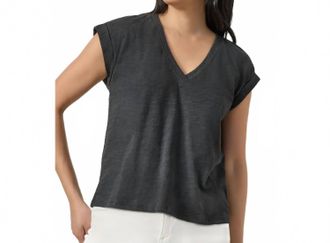 Lilla P Cuffed Sleeve V-Neck Top In Black