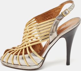 Roberto Cavalli Silver/gold Leather Strappy Slingback Sandals