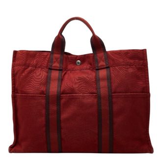 Herm&egrave;s Red Color Canvas Handbag Tote Bag (Pre-Owned)