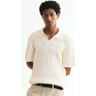 H&M Relaxed-fit Cable-knit Polo Shirt in Cream at Nordstrom, Size X-Small