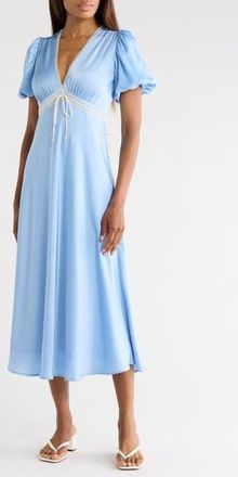 Wayf Lace Trim Puff Sleeve Midi Dress in Blue at Nordstrom Rack, Size X-Small