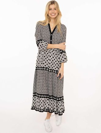 Zwillingsherz Maxikleid ZWILLINGSHERZ Geometric, Damen, Gr. L/XL, N-Gr, schwarz, Obermaterial: 100% Viskose, Kleider Maxikleid, Ornamentmustermix, Knopfleiste, 3/4 