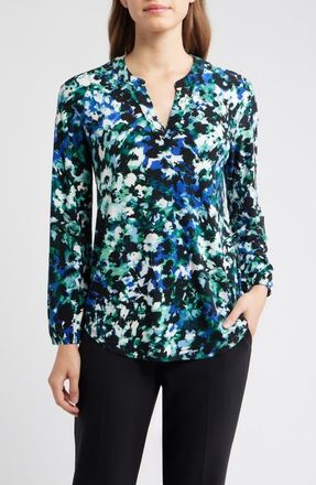 Anne Klein Floral Split Neck Top in Anne Black Multi at Nordstrom, Size X-Large P