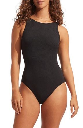 Seafolly Sea Dive Lace-Up One-Piece Swimsuit in Black at Nordstrom, Size 12 Us