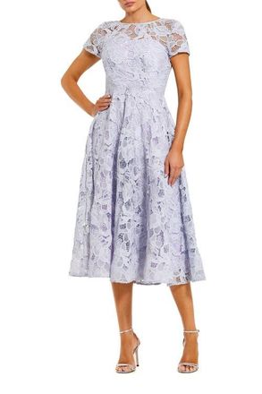 Mac Duggal Lace Short Sleeve A Line Midi Dress With Bow in Lilac at Nordstrom, Size 14