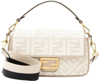 Fendi Beige & White Embroidered Canvas & Leather Baguette Shoulder Bag (Authentic Pre-Loved)
