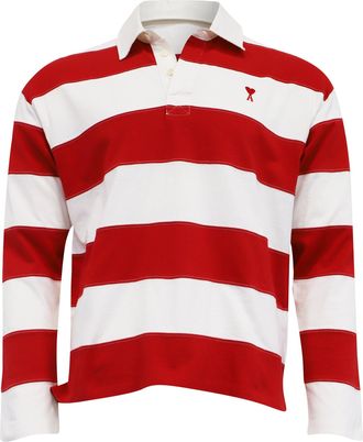 Ami Striped Ami de Caur Long Sleeve Polo Shirt in Red and White Cotton