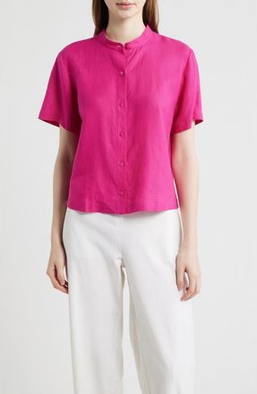 Eileen Fisher Short Sleeve Organic Linen Button-Up Shirt in Fuchsia at Nordstrom, Size Xx-Small