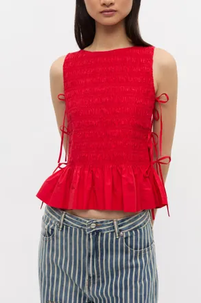 Ganni Red Cotton Smock Tie Top - Size 38 Organic