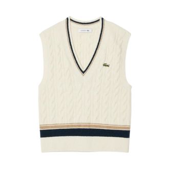 Lacoste V-neck Knitwear, female, Beige, Size: 4XS Cream Cable-Knit Sweater Elegant Style