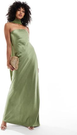 Six Stories Vestito lungo da damigella in raso verde muschio con sciarpa in chiffon al collo