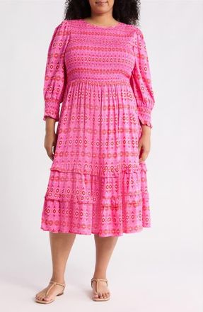 Sugarlips Mirany Ikat Print Long Sleeve Tiered Dress in Fuschia-Red-Multi at Nordstrom, Size 3X