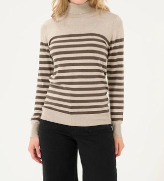 Kaffe Kalizza Rollneck Slim Fit Pullover Sweater In Feather Gray Brown Stripe