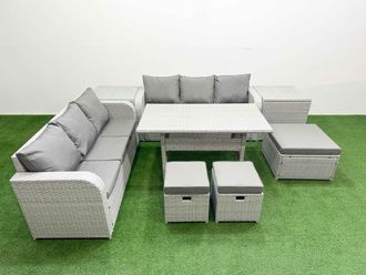 Fimous Outdoor Garden Furniture Sets 9 Seater Wicker Rattan Furniture Sofa Sets w/ Rectangular Dining Table high Back Lounge Sofa 3 Stools 2 Side