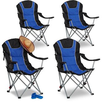 Relaxdays 4 Sillas Plegables Camping Con Respaldo Acolchado Ajustable, Poli&eacute;ster, 108 X 90 X 72 Cm, Azul Y Negro