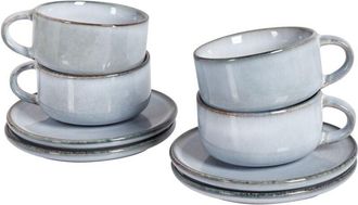 Beliani Beliani - Conjunto De 4 Tazas Con Platillos Para T&eacute; Caf&eacute; De Gres Caol&iacute;n Artesanal Acabado Esmalte Reactivo Azul Claro Juniper
