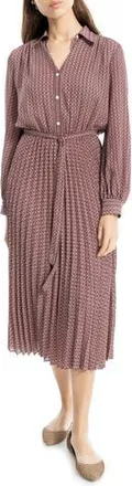 Max Studio Long Sleeve Pleated Shirtdress in Vintage Wine Optical Grid at Nordstrom Rack, Size Medium