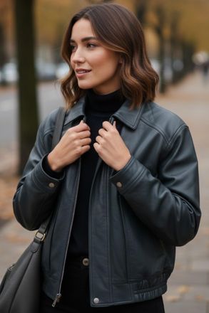 Infinity Leather Dames marineblauw leren Biker Blouson Bomber Oversized Jas - Moon
