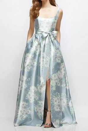 Dessy Floral Scoop-Neck Tank Bodice Maxi Dress In Porcelain Blue Seraphina