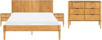 Beliani Conjunto De Dormitorio Estilo Escandinavo De Madera De Pino 2 Mesitas C&oacute;moda 6 Cajones Cama Doble 140 X 200 Cm Marr&oacute;n Claro Ambazac