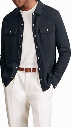 Reiss Ledger Cotton & Cashmere Snap-Up Shirt in Navy at Nordstrom, Size Xx-Large