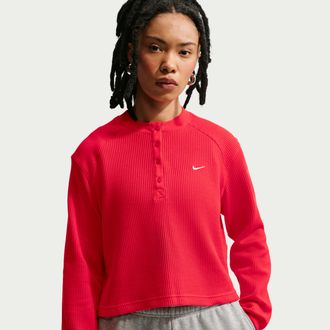 Nike Womens Nike Sportswear Chill Waffle Oversized Long-Sleeve Henley Top in Red | IF0581-696