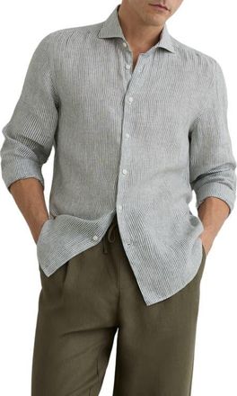 Reiss Ruban Stripe Linen Button-Up Shirt in Dark Sage/White at Nordstrom, Size Xx-Large